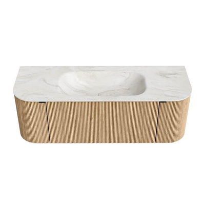 MONDIAZ KURVE-DLUX meuble de salle de bains 130 cm avec module 25 Len R couleur Oak avec 1 tiroir et 2 portes. Lavabo BIG SMALL central sans trou de robinet couleur Ostra.
