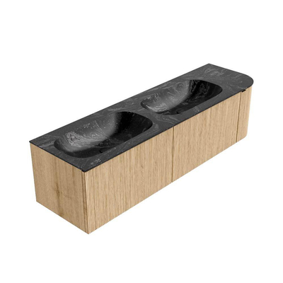 MONDIAZ KURVE-DLUX meuble de salle de bains 165cm avec module 25 R couleur Oak avec 2 tiroirs et 1 porte. Lavabo STOR SMALL double / gauche 2 trous de robinet couleur Lava.