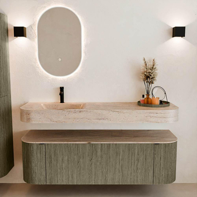 MONDIAZ THOR-DLUX 150cm meuble de salle de bains arrondi gauche + droite couleur Shadow avec 1 tiroir et 2 portes. Vasque suspendue CLOUD gauche 1 trou de robinet couleur Saba.