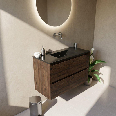 Saniclass Holz Pure Ensemble de meubles de salle de bains - 100x45x62cm - Lavabo Vygo en céramique noir - 1 vasque - sans trou de robinet - 2 tiroirs - chêne charcoal mat (bois)
