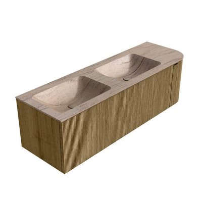 MONDIAZ KURVE-DLUX Meuble de salle de bains 145cm arrondi à droite couleur Dusk avec 1 tiroir et 1 porte. Lavabo LEAF Double / Gauche sans trou de robinet Saba.