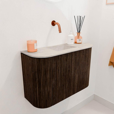 Mondiaz JOYA-DLUX 63.2cm toiletmeubel - ronding links en rechts kleur Walnut - Wastafel FAYE positie Midden Zonder kraangat kleur Ostra.