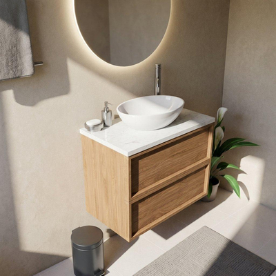 Saniclass Holz Frame Ensemble meuble de salle de bains - 80x45x63cm - Plan vasque en marbre Dia poli (blanc) - 1 trou de robinetterie - 2 tiroirs - chêne naturel mat (bois)