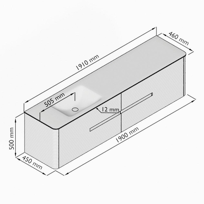 Mondiaz CIRO-DLUX Badkamermeubelset - 190x45x50cm - Solid surface wastafel Sombra - 1 wasbak Links - 1 kraangat - 4 lades - Ruby