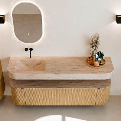 MONDIAZ THOR-DLUX 170cm badmeubel ronding links + rechts kleur Oak met 1 lade en 2 deuren. Vrijhangende wastafel CLOUD Links zonder kraangat kleur Saba.