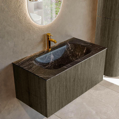 Mondiaz KURVE-DLUX Badkamermeubelset - 90x46x40cm - 1 lade - wastafel solid surface - midden - 1 kraangat - Shadow