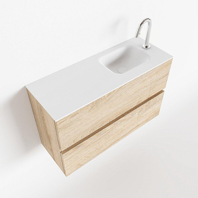 MONDIAZ ADA Toiletmeubel - 80x30x50cm - 1 kraangat - 2 lades - washed oak mat - wasbak rechts - Solid surface - Wit