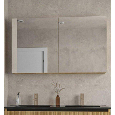 Adema Holz Ensemble de meuble - 120cm - 2 vasques en céramique Blanc - sans trous de robinet - 1 tiroir - avec armoire de toilette - Caramel (bois)