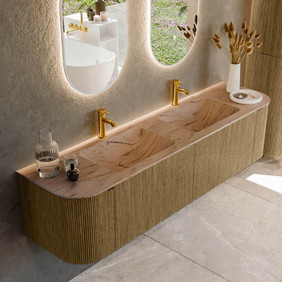 MONDIAZ KURVE-DLUX Meuble de salle de bains 180cm arrondi Gauche + Droite couleur Dusk avec 2 tiroirs et 2 portes. Lavabo LEAF Double 2 trous de robinet Arena.