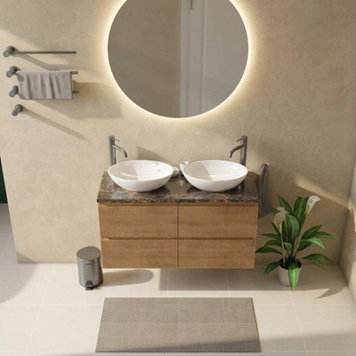 Saniclass Holz Atelier Ensemble de meuble de salle de bains - 120x45x63cm - Plan de toilette en pierre naturelle Noche dark emperador - 2 trous de robinetterie - 2 tiroirs - chêne natural mat (bois)