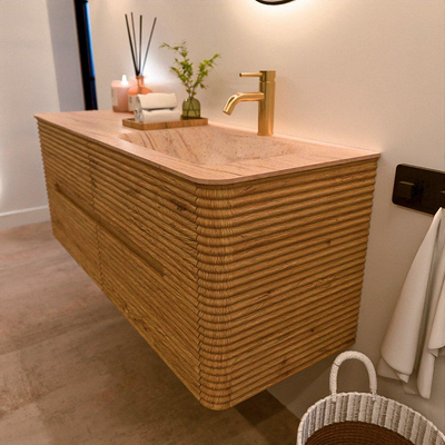 Mondiaz CIRO-DLUX Badkamermeubelset - 130x45x50cm - Solid surface wastafel Saba - 1 wasbak Rechts - 1 kraangat - 4 lades - Oak