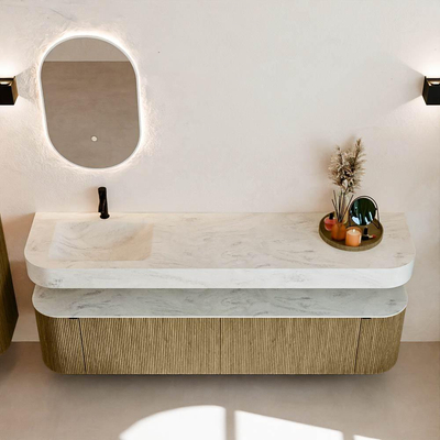 MONDIAZ THOR-DLUX Meuble de salle de bains 190cm arrondi gauche + droite couleur Dusk avec 2 tiroirs et 2 portes. Vasque suspendue CLOUD Gauche 1 trou de robinet couleur Opalo.