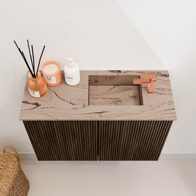 Mondiaz JOYA-DLUX 60cm toiletmeubel - kleur Walnut - Wastafel FAYE positie Rechts 1 kraangat kleur Arena.