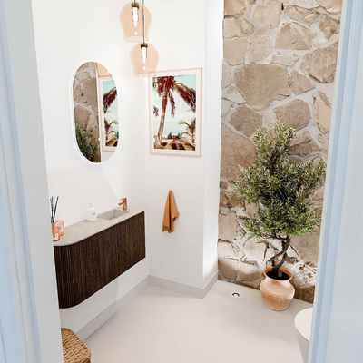 Mondiaz JOYA-DLUX 81.6cm toiletmeubel - ronding links kleur Walnut - Wastafel FAYE positie Rechts 1 kraangat kleur Opalo.