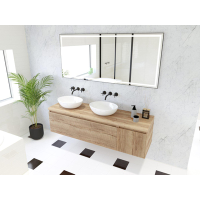 HR Matrix ensemble de meubles de salle de bain 3d 160cm 2 tiroirs sans poignée avec bandeau de poignée et placard latéral en coloris chêne français
