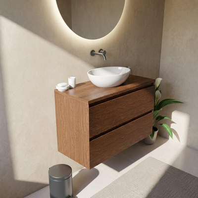 Saniclass Holz Pure Ensemble de meubles de salle de bains - 100x45x63cm - Plan vasque en marbre Dia poli (blanc) - sans trou de robinetterie - 2 tiroirs - walnut pure mat (bois)