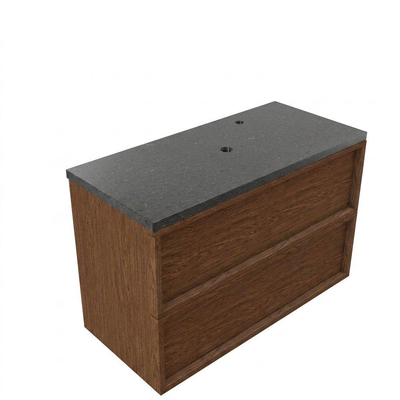 Saniclass Holz Frame Ensemble meuble de salle de bains - 100x45x63cm - plan vasque en basalte Noche poli (noir) - 1 trou de robinet - 2 tiroirs - mat walnut pure (bois)