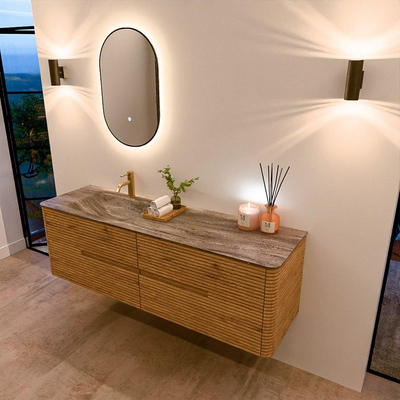 Mondiaz CIRO-DLUX Ensemble de meubles de salle de bains - 160x45x50cm - Plan vasque solid surface Oza - 1 lavabo à gauche - 1 trou de robinet - 4 tiroirs - Chêne