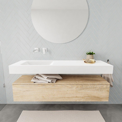 MONDIAZ ALAN 150cm - meuble bas - chêne blanchi - 1 tiroir - lavabo suspendu - vasque à gauche - 0 trou de robinet - talc