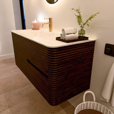 Mondiaz CIRO-DLUX Badkamermeubelset - 110x45x50cm - Solid surface wastafel Opalo - 1 wasbak Links - 1 kraangat - 2 lades - Walnut