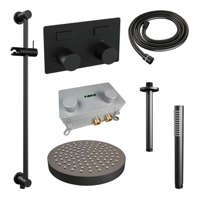 BRAUER Stripe Douche de tête thermostatique encastrée - boutons-poussoirs - SET 33 - pomme de douche 25cm - bras plafond - douchette à main - flexible de douche - barre coulissante intégrée - noir mat