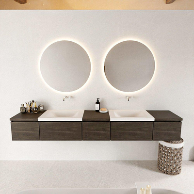 MONDIAZ BUKLA 240cm ensemble de meuble avec module 40 couleur Marron Foncé avec 5 tiroirs. Lavabo CLOUD double 0 trou de robinet couleur Talc.