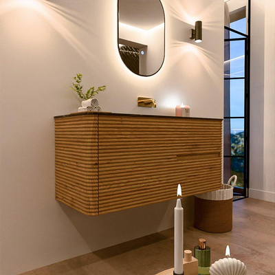 Mondiaz CIRO-DLUX Ensemble de meubles de salle de bains - 110x45x50cm - Vasque solid surface Lava - 1 vasque à droite - sans trous de robinet - 2 tiroirs - Chêne