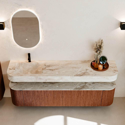 MONDIAZ THOR-DLUX Meuble de salle de bains 190cm arrondi gauche + droite couleur Ruby avec 2 tiroirs et 2 portes. Vasque suspendue CLOUD Gauche 1 trou de robinet couleur Frappe.