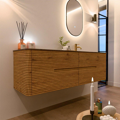 Mondiaz CIRO-DLUX Badkamermeubelset - 160x45x50cm - Solid surface wastafel Oza - 1 wasbak Rechts - 1 kraangat - 4 lades - Oak