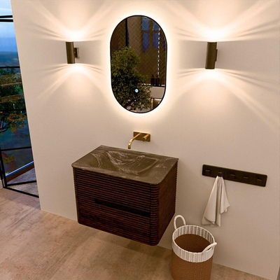 Mondiaz CIRO-DLUX Badkamermeubelset - 70x45x50cm - Solid surface wastafel Lava - 1 wasbak Midden - zonder kraangaten - 2 lades - Walnut