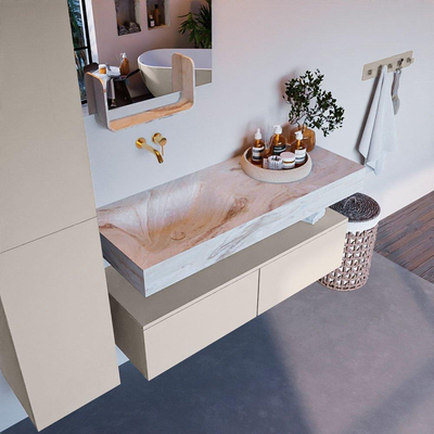 Mondiaz ALAN-DLUX Ensemble de meuble - 120cm - meuble Linen mat - 2 tiroirs - Lavabo Cloud Frappe suspendu - vasque Gauche - 0 trous de robinet
