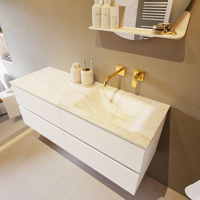 Mondiaz VICA-DLUX ensemble de meuble de salle de bain - 130cm - meuble sous-vasque talc - 4 tiroirs - lavabo encastrée cloud droite - sans trous de robinet - version haute de 60cm - ostra