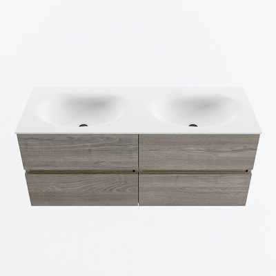 Mondiaz VICA ensemble de meuble de salle de bain - 120cm - meuble sous-vasque marron clair gris - 4 tiroirs - lavabo lune double - 2 trous de robinet - version haute de 60cm - talc