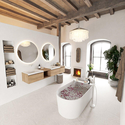 MONDIAZ BUKLA 200cm ensemble de meuble avec module ouvert 40 gauche couleur Chêne blanchi avec 3 tiroirs. Lavabo CLOUD double 0 trou de robinet couleur Talc.