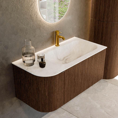 MONDIAZ KURVE-DLUX 95cm badmeubel met module 25 L kleur Walnut met 1 lade en 1 deur. Wastafel BIG SMALL rechts 1 kraangat kleur Frappe.