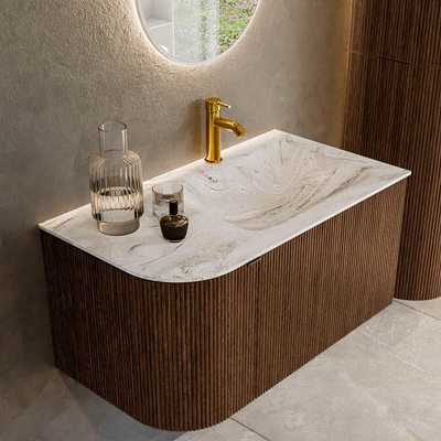 MONDIAZ KURVE-DLUX Meuble de salle de bains 85 cm avec module 25 L couleur Walnut avec 1 tiroir et 1 porte. Lavabo CLOUD à droite 1 trou de robinet couleur Glace.