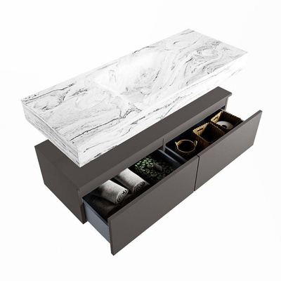 Mondiaz ALAN-DLUX Ensemble de meuble - 120cm - meuble Dark grey mat - 2 tiroirs - Lavabo Cloud Glace suspendu - vasque Centre - 1 trou de robinet