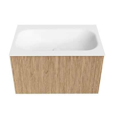 MONDIAZ KURVE 70cm badmeubel kleur Oak met 1 lade. Wastafel BIG SMALL midden 1 kraangat Talc.