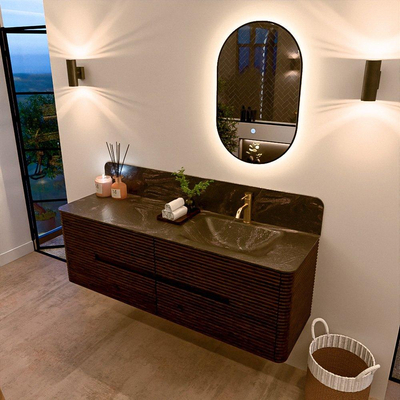 Mondiaz CIRO-DLUX Meuble de salle de bains - 150x45x50cm - Lavabo solid surface Lava - 1 vasque à droite - 1 trou de robinet - 4 tiroirs - Noyer