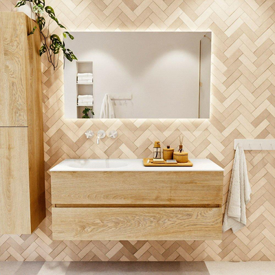 MONDIAZ VICA 120cm badmeubel onderkast Washed Oak 2 lades. Wastafel MOON links zonder kraangat, kleur Talc.