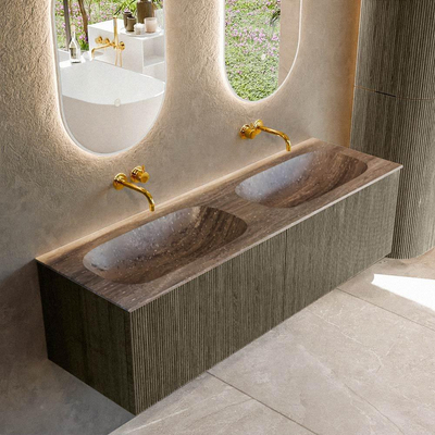 MONDIAZ KURVE-DLUX Meuble de salle de bains 150cm couleur Shadow avec 2 tiroirs et 0 portes. Plan-vasque STOR SMALL Double sans trou de robinet Oza.