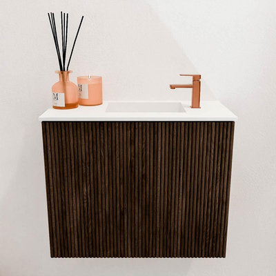 Mondiaz JOYA 50cm toiletmeubel - kleur Walnut - Wastafel FAYE positie Rechts 1 kraangat kleur Talc.