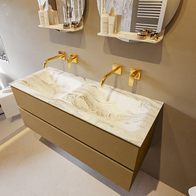 Mondiaz VICA-DLUX Ensemble de meuble de salle de bain - 120cm - meuble sous-vasque oro - 2 tiroirs - lavabo encastré cloud double - sans trous de robinet - version haute de 60cm - glace