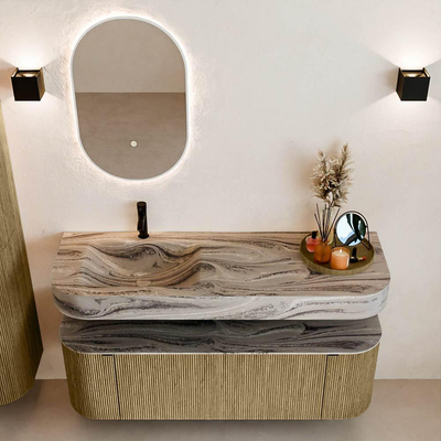 MONDIAZ THOR-DLUX 140cm meuble de salle de bains arrondi gauche + droite couleur Dusk avec 1 tiroir et 2 portes. Vasque suspendue CLOUD Gauche 1 trou de robinet couleur Sombra.