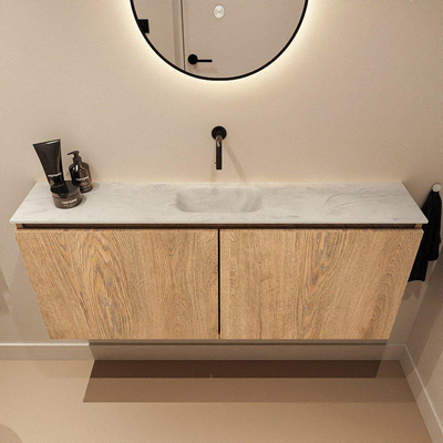 MONDIAZ TURE-DLUX meuble WC 120 cm Washed Oak. Lavabo EDEN Opalo position milieu. Sans trou de robinet.