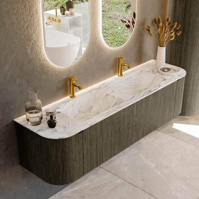 Mondiaz KURVE-DLUX Badkamermeubelset - 170x46x40cm - 1 lade - 2 deuren - wastafel solid surface - dubbel - 2 kraangaten - Shadow