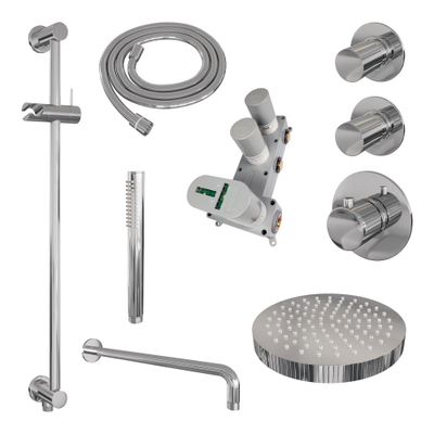 BRAUER Stripe Thermostatische Inbouw Regendouche - SET 08 - 25cm douchekop - gebogen muurarm - staaf handdouche - doucheslang - geïntegreerde glijstang - chroom