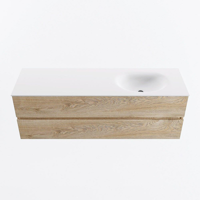 MONDIAZ VICA Meuble de salle de bains 150 cm sous-meuble Washed Oak 2 tiroirs. Lavabo MOON droit sans trou de robinet, couleur Talc.