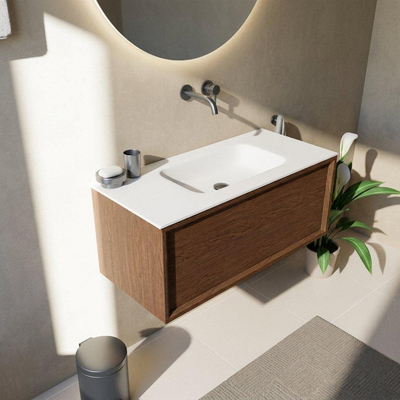 Saniclass Holz Frame Ensemble meuble de salle de bains - 100x45x41.5cm - Flow lavabo en solid surface blanc - 1 vasque - sans trou de robinet - 1 tiroir - mat walnut pure (bois)