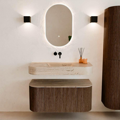 MONDIAZ THOR-DLUX 100cm meuble de salle de bains arrondi gauche + droite couleur Walnut avec 1 tiroir et 2 portes. Vasque suspendue CLOUD Centre sans trou de robinet couleur Arena.